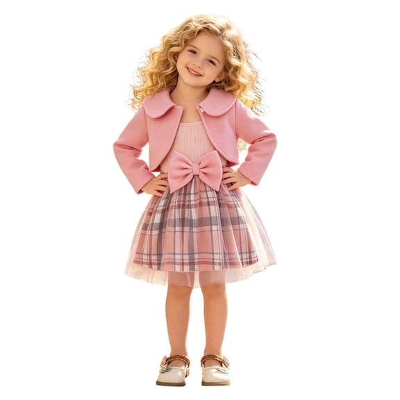 JIAYUE Toddler Girls 2-Piece Outfit Peter Pan Collar Long Sleeve Solid Color Coat And Straps Bow Plaid Dress For Casual Parties,9-12 Months