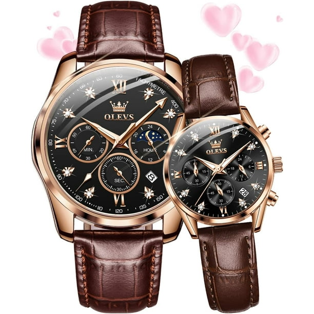 Valentines Couple Pair Quartz Watches His and Her Couple Set Leather Chronograph Diamond Wrist Watch Men Women Lovers Wedding Romantic Gifts Set of 2