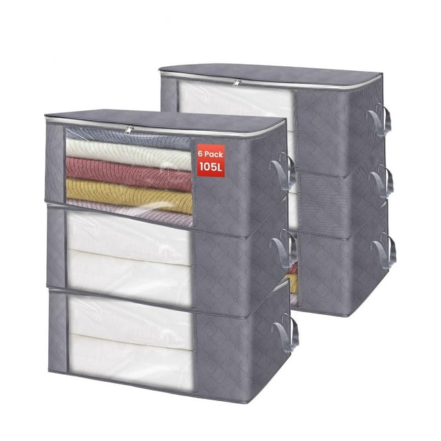 6 Piezas Bolsas de Almacenamiento Ropa 105L- Cajas para Ropa Organizador Triple Capa No Tejida, Antihumedad + Ventana Transparente ¡Para Mudanza/Hogar/Dormitorio, (70x50x30cm)
