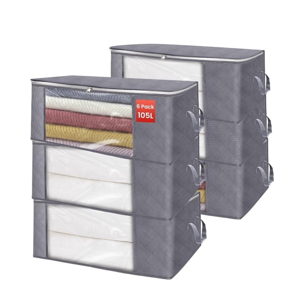 6 Piezas Bolsas de Almacenamiento Ropa 105L- Cajas para Ropa Organizador Triple Capa No Tejida, Antihumedad + Ventana Transparente ¡Para Mudanza/Hogar/Dormitorio, (70x50x30cm)