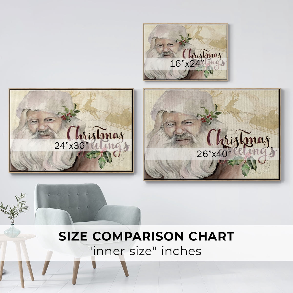 Christmas Greetings Collection A - Framed Gallery Wrapped Holiday Canvas - 17 x 25 - Natural Wood Frame
