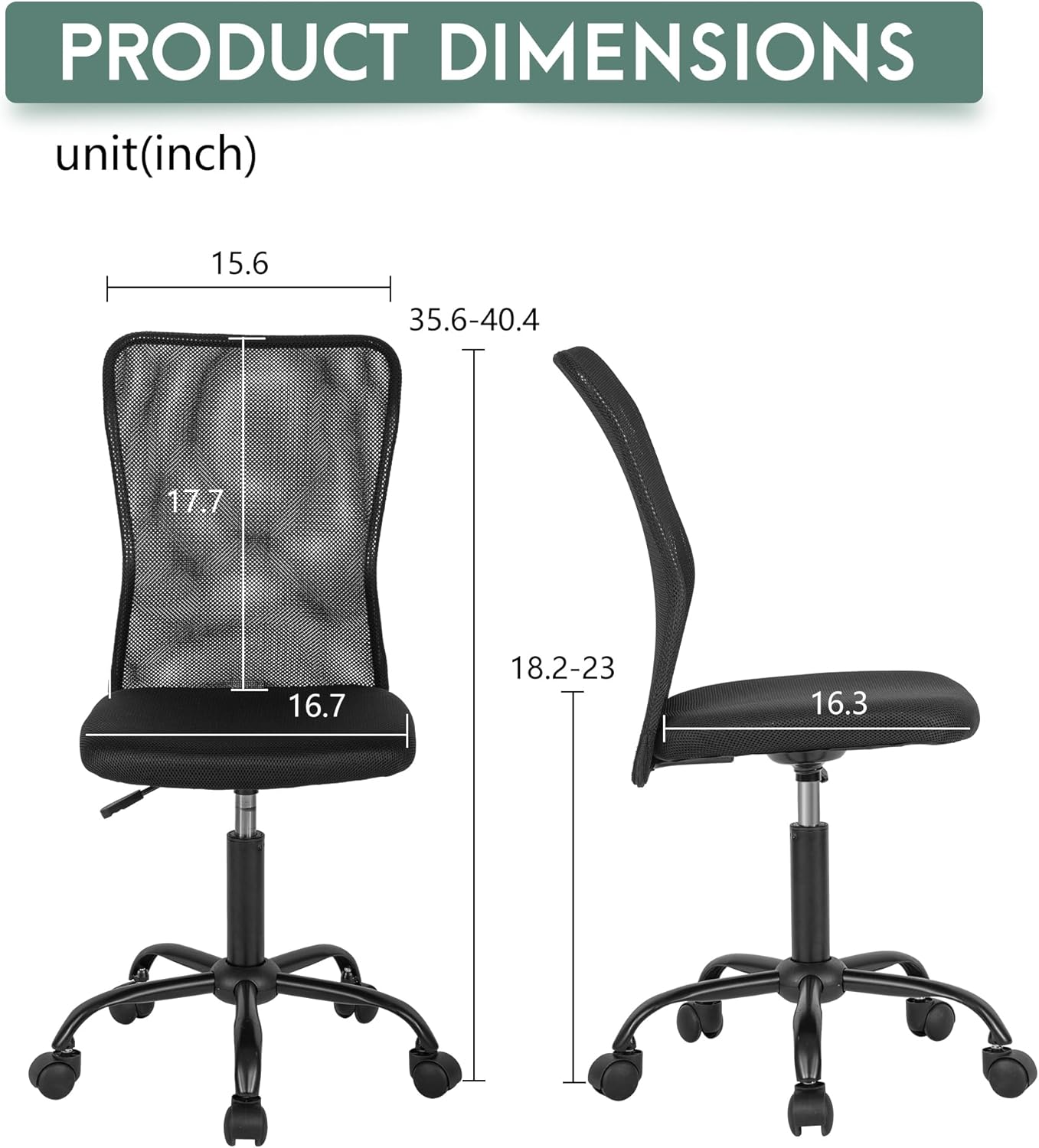 Home Office Chair Mesh Desk Chair Armless Computer Chair Ergonomic Adjustable Modern Chair with Lumbar Support, Black