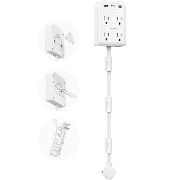 Power Strip PAEWOK Short de 60 cm con 4 tomas AC y 3 puertos USB, color blanco
