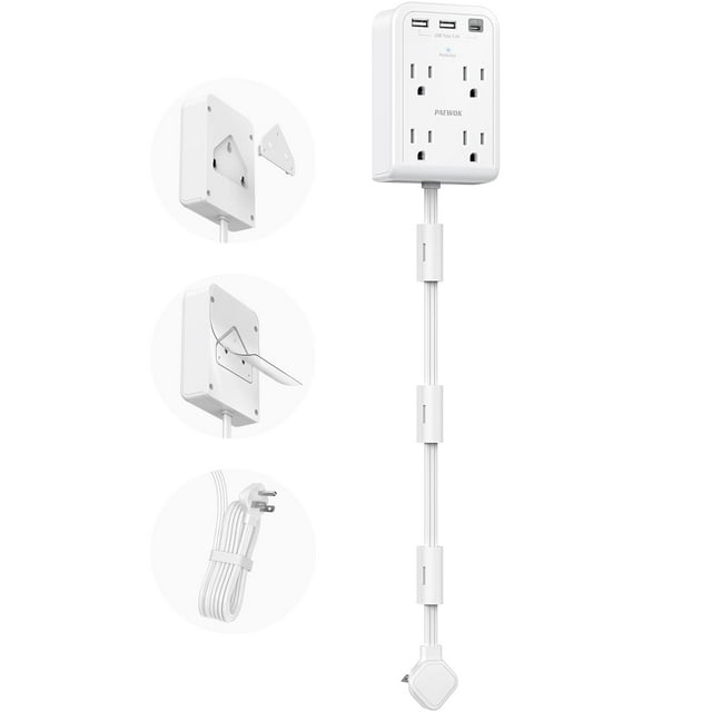 Power Strip PAEWOK Short de 60 cm con 4 tomas AC y 3 puertos USB, color blanco
