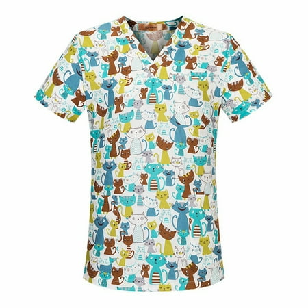 

Cakiesky Scrub Uniforms for Women Quick-Dry V-Neck Printed Short-Sleeve Working Uniform Light Blue XXL