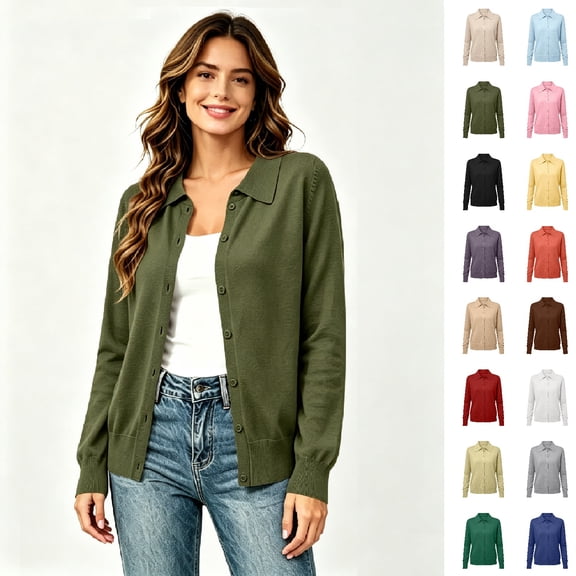Women's Lapel Collar Long Sleeve Top， Thin Knit Button Cardigan Sweater,L