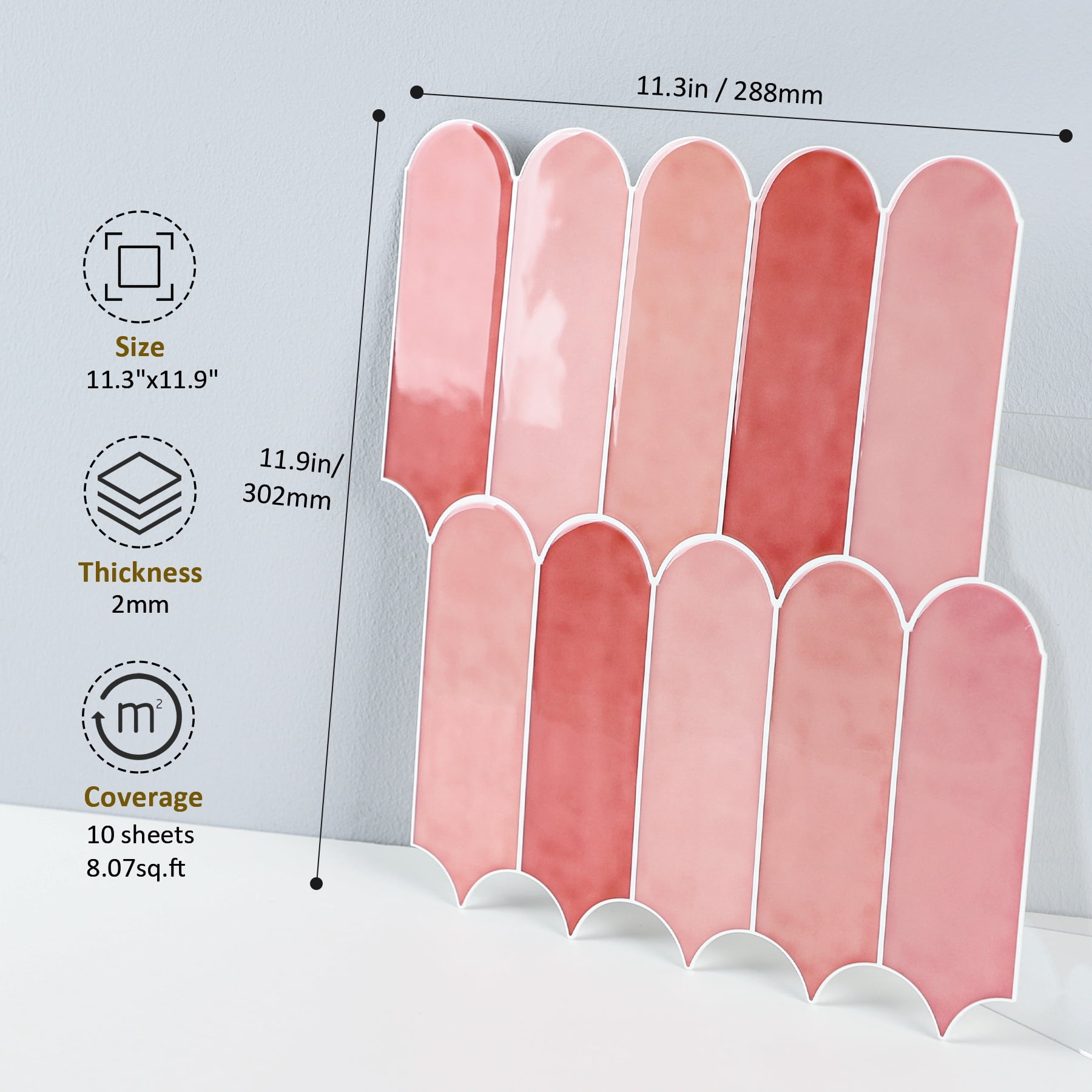 HOMEART 10-Sheet Peel and Stick Backsplash Tile, Pink Backsplash Self Adhesive Wall Tiles Stick on Backsplash for Kitchen Bathroom
