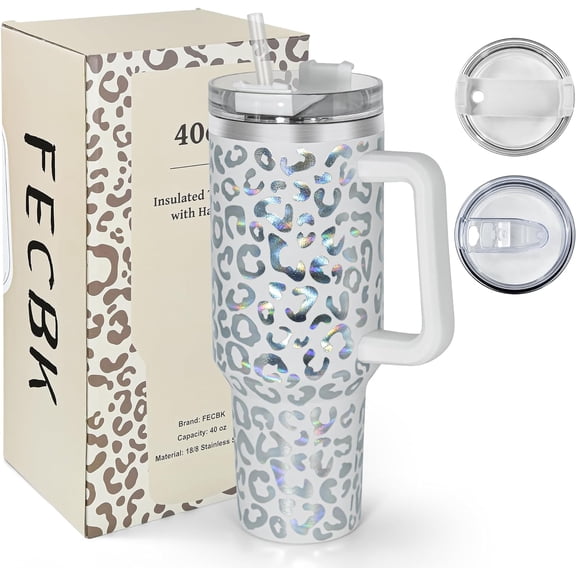40 oz Tumbler with Handle and Straw, 100% Leak-Proof Travel Mug, Stainless Steel Double Wall Vacuum Insulated Coffee Cup Keeps Cold For 34 Hours, Dishwasher Safe, White Leopard