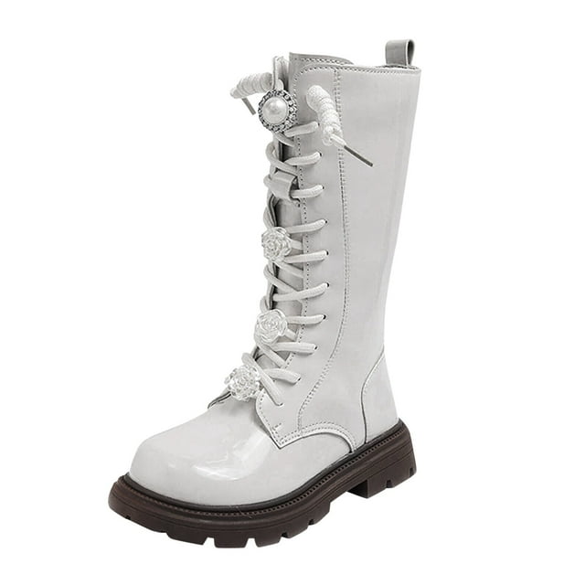 Gaexia Lace Up Riding Boots Girls Mid Calf Combat Boots PU Leather Side Zipper Punk Goth Boot Non Slip Toddler Winter Shoes