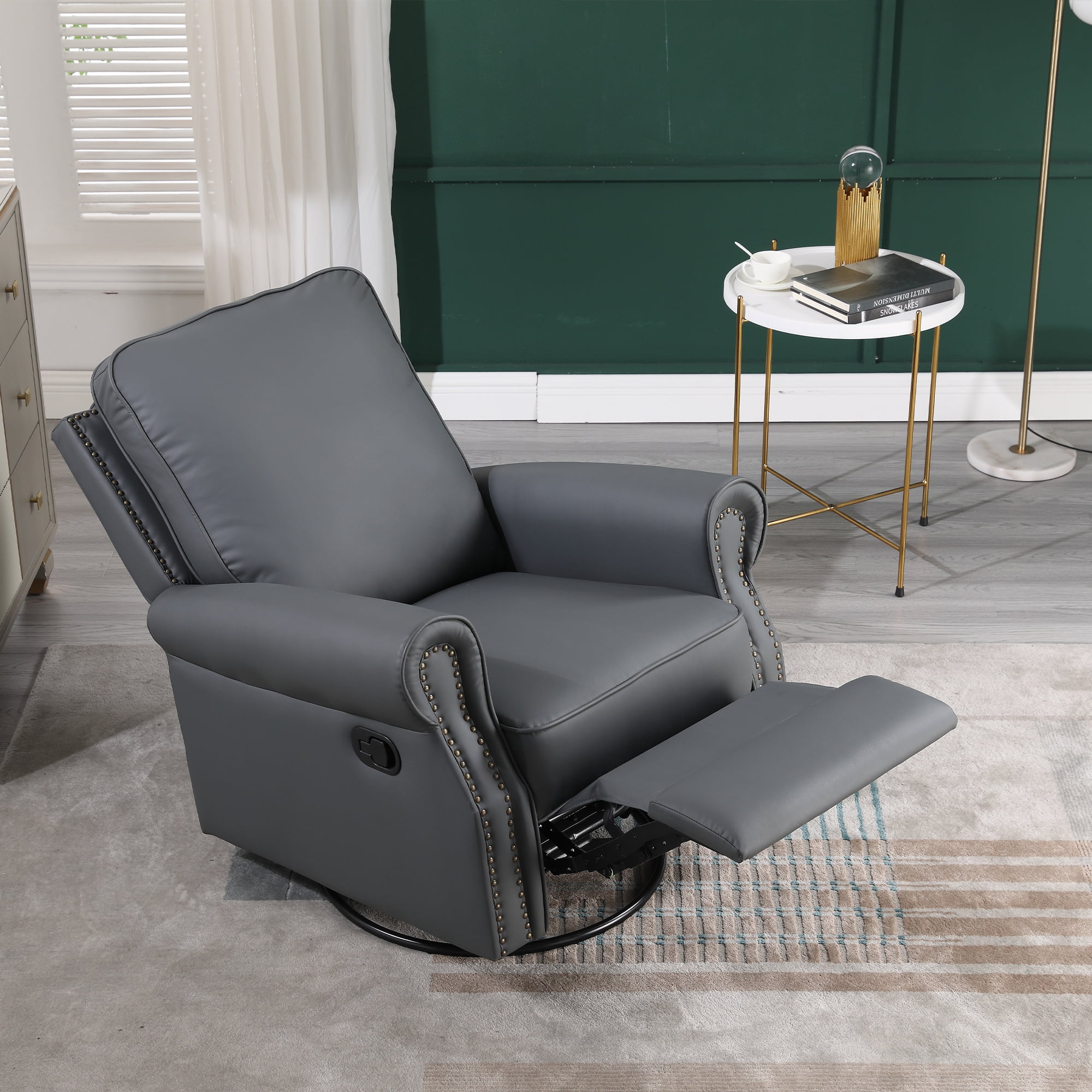 Dinosisco Swivel Rocker Recliner, Upholstered Glider Rocking Chair, Gray Faux Leather