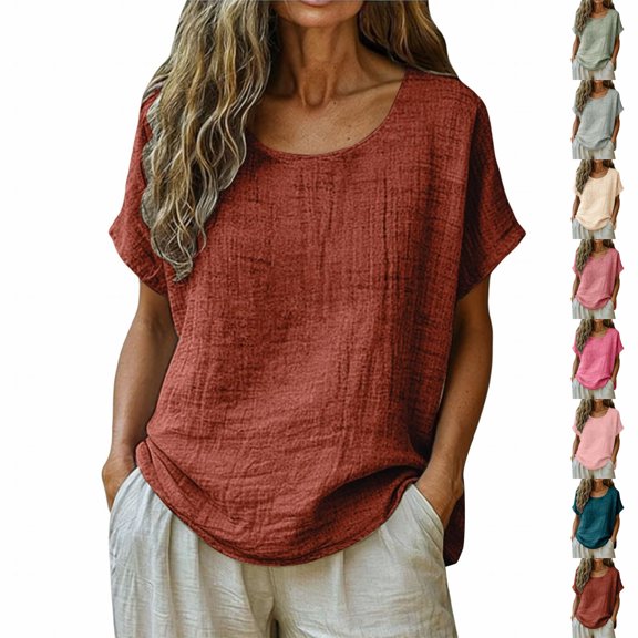 Asxite Womens Tops Short Sleeve Solid Color Linen Mix Round Neck Relaxed Casual Blouse