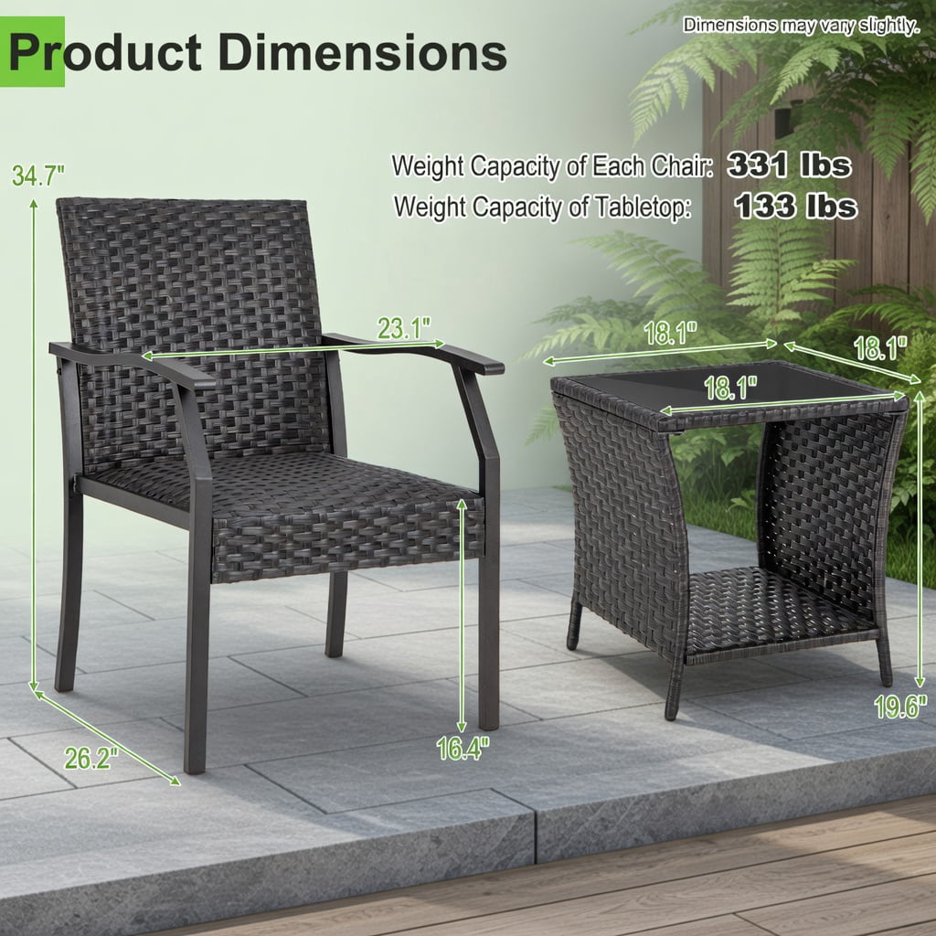 Hommoo 3-Piece All-Weather Wicker Patio Chair Set with Quick-Dry Foam Cushions & Tempered Glass Coffee Table, PE Rattan Outdoor Seating for Backyard, Poolside & Porch, Brown