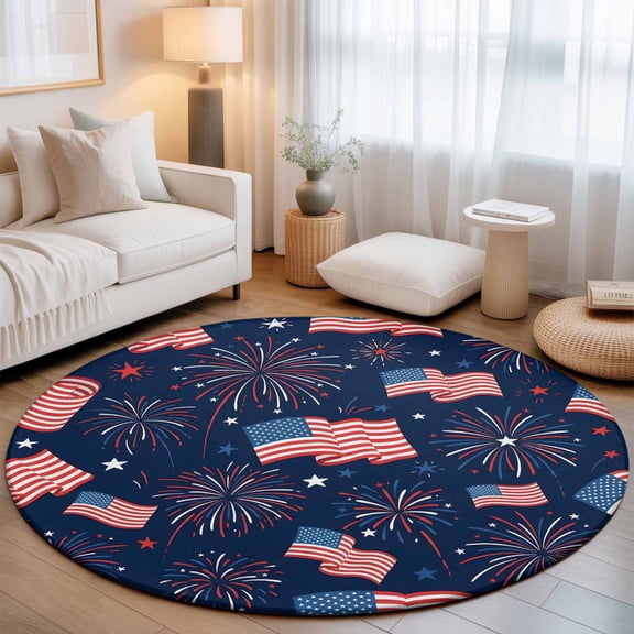 Small Round Rug 3Ft, 4th of July Non-Slip Washable Circle Rugs Carpet, Independent Day American Flag Stars Red Blue Indoor Outdoor Rug Floor Mats Throw Runner for Bedroom Living Room Bathroom