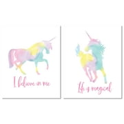 Inspirational Watercolor-Style "I Belive In Me" and "Life Is Magical" Unicorn Set by Tara Reed; Two 11x14in Unframed Paper Posters