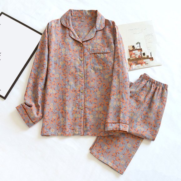 Aboser Ensembles de Pyjama en Coton pour Femmes 2 Pcs à Manches Longues Vêtements de Nuit Imprimé Floral Vintage Tenue d'Intérieur Confortable Ensemble de Pyjama à Boutons