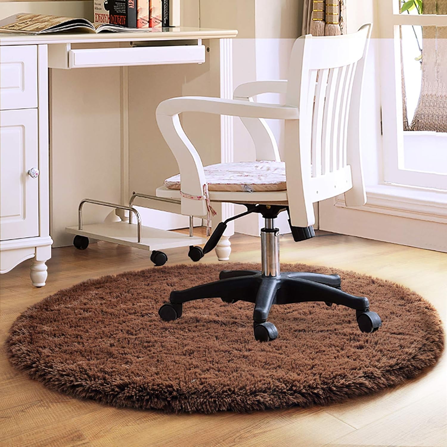 Junovo Round Fluffy Area Rugs For Kids Girls Princess Castle Plush Shaggy Carpet Cute Circle Nursery Rug For Kids Room Bedroom Living Room,4'x4',Coffee