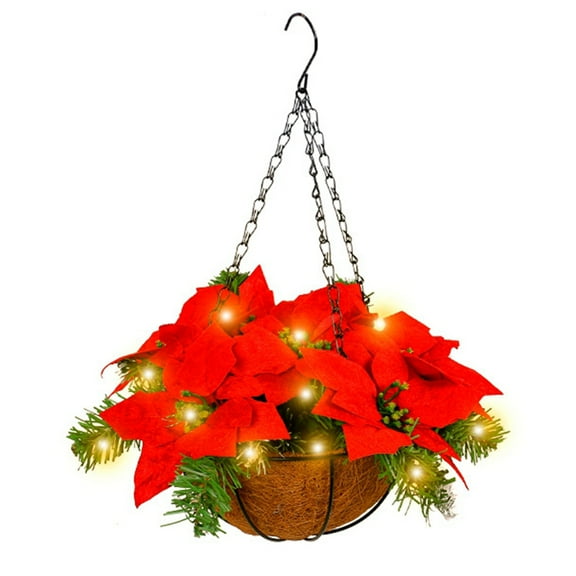 HUONA Artificial Christmas Hanging Flowers Fake Poinsettia Floral Arrangement Hanging Basket with Led String Lights Patio Lawn Garden Yard Porch Decor