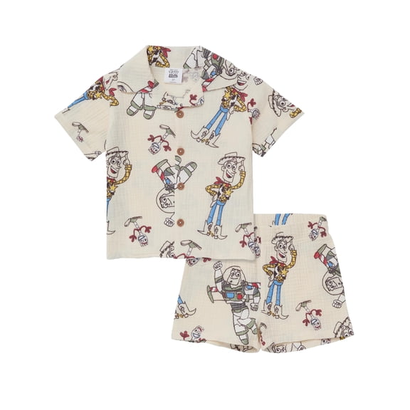 Disney Toy Story 2 Piece Boys Cotton Gauze Matching Outfit Toddler to Little Kids Sizes (Cream, 2T)