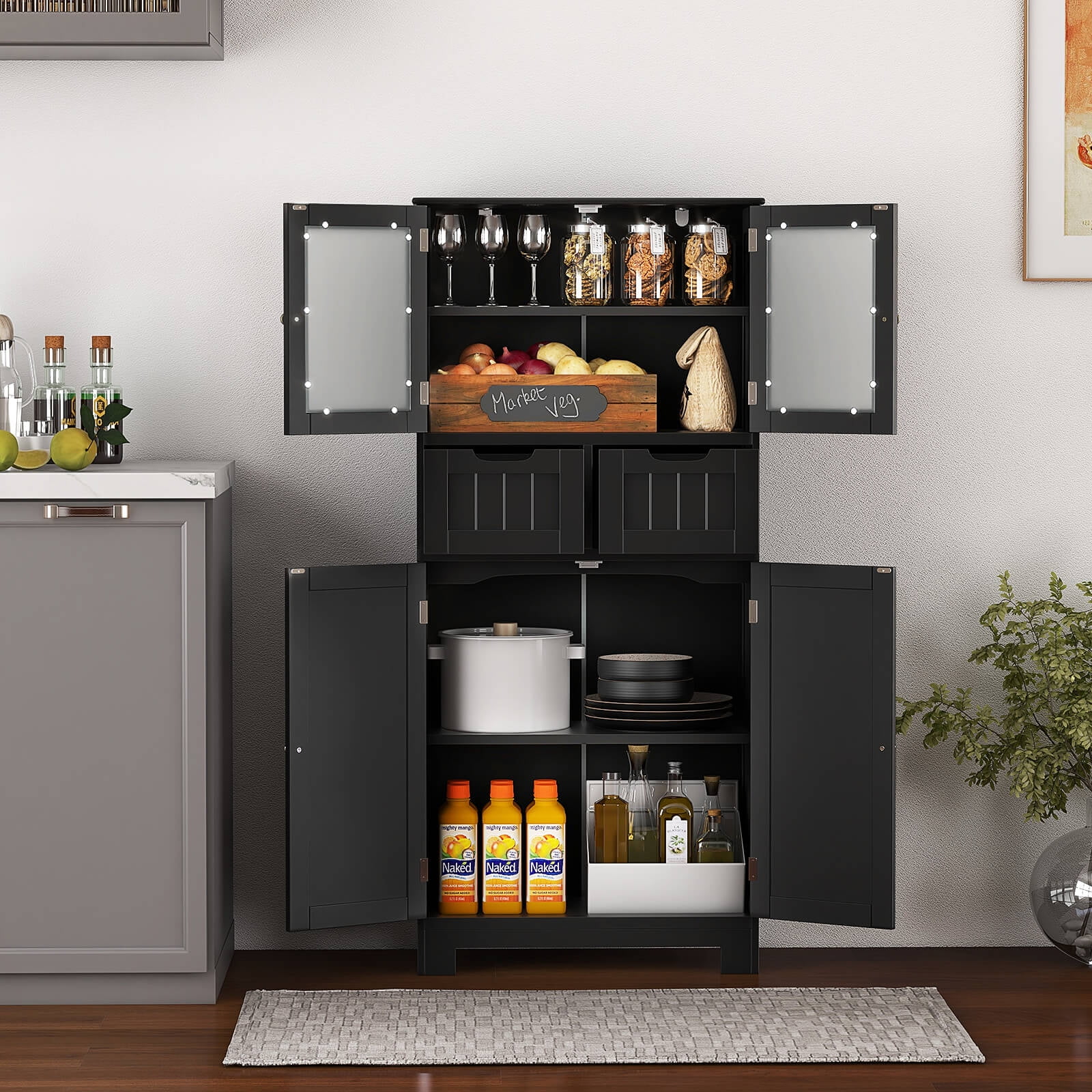 Costway Bathroom Floor Storage Cabinet Kitchen Cupboard with 2 Drawers & Glass Doors Black