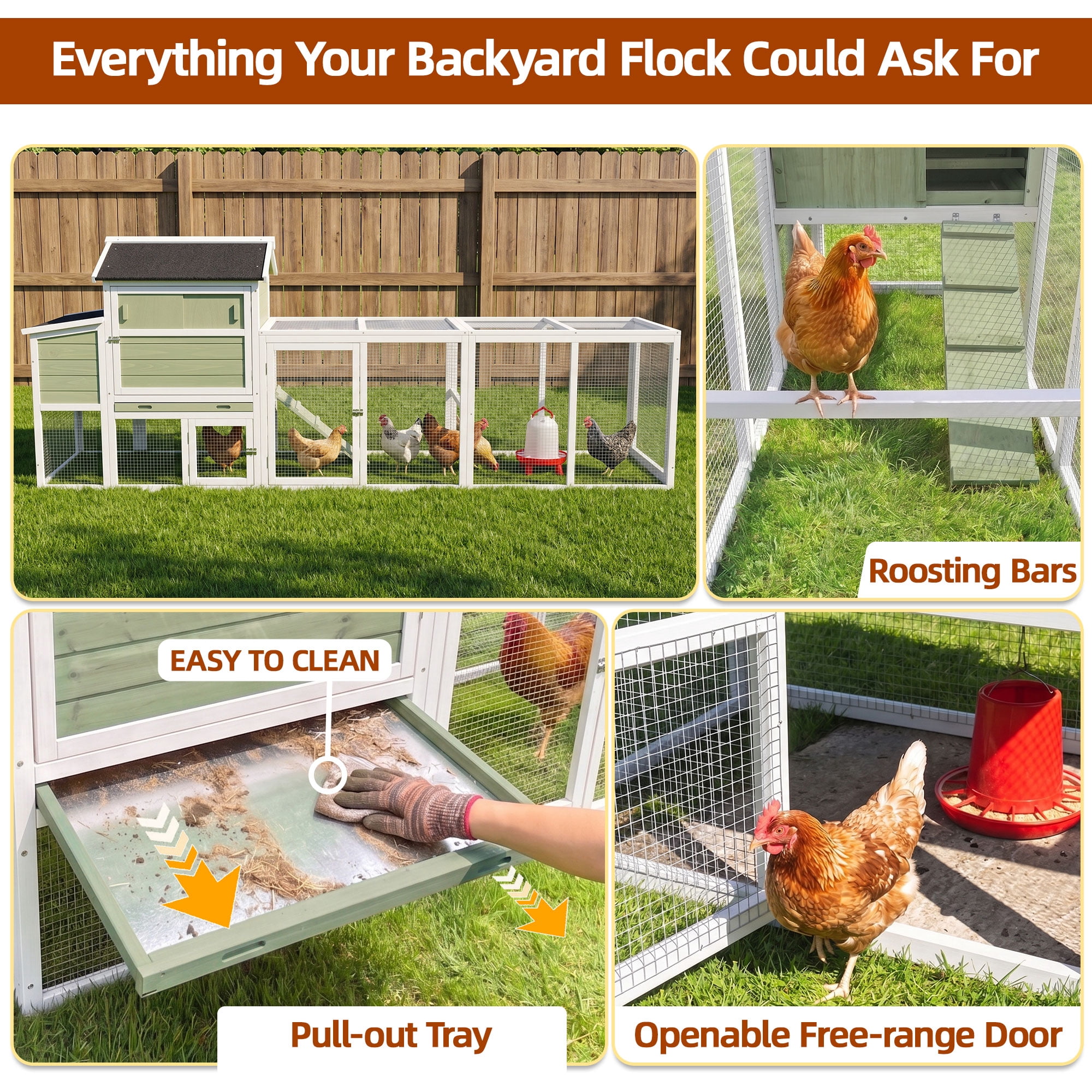 Backyard Chicken Coop with Nesting Box, Weather Resistant Wooden Hen House, Walk-In Run Options, Fits 2-6 Chickens, Green Coop with Run