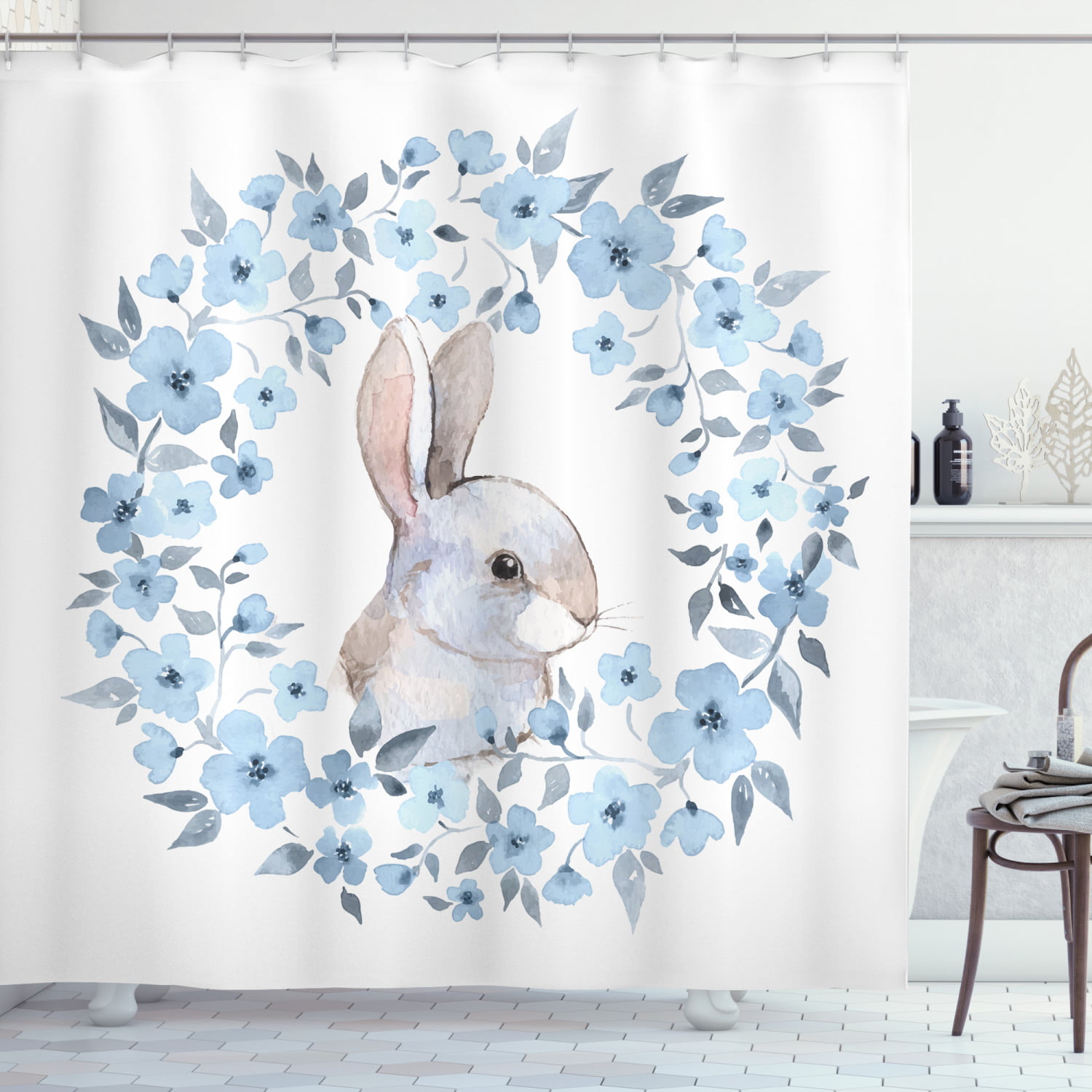 Animal Rabbit And Butterfly Painting Bathroom Fabric Shower Curtain Set 71 Inch 