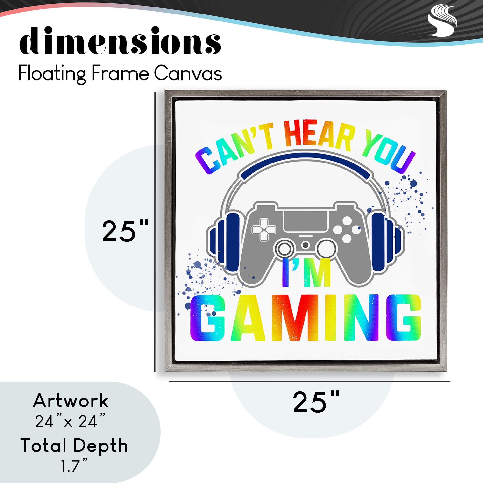 Rainbow Can't Hear You Gaming Gray Framed Floater Canvas Wall Art, design by Kim Allen