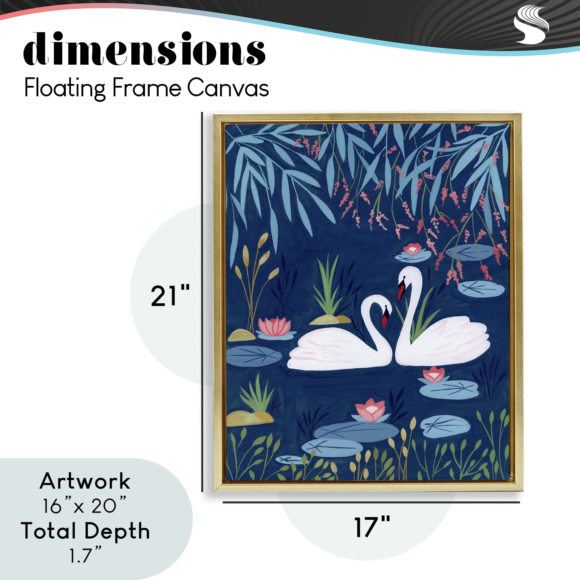 Swan Pair on Blue Pond Gold Framed Floater Canvas Wall Art, design by Nabeela Rumi