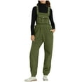 thumbnail image 3 of successthop Fleece Overalls Adult Solid Color Casual Loose Jumpsuit Long Sleeved V Neck Jumpsuit Casual Pajama Pocket Jumpsuit Green M, 3 of 9