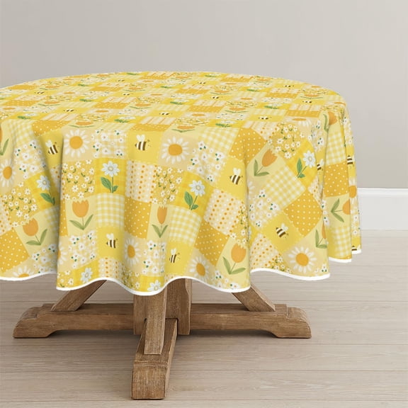 Spring Tablecloth 70×70 Inch Round, Polka Dot Plaid Daisy Tulips Yellow Washable Seasonal Table Cover for Party Picnic Dinner Decor