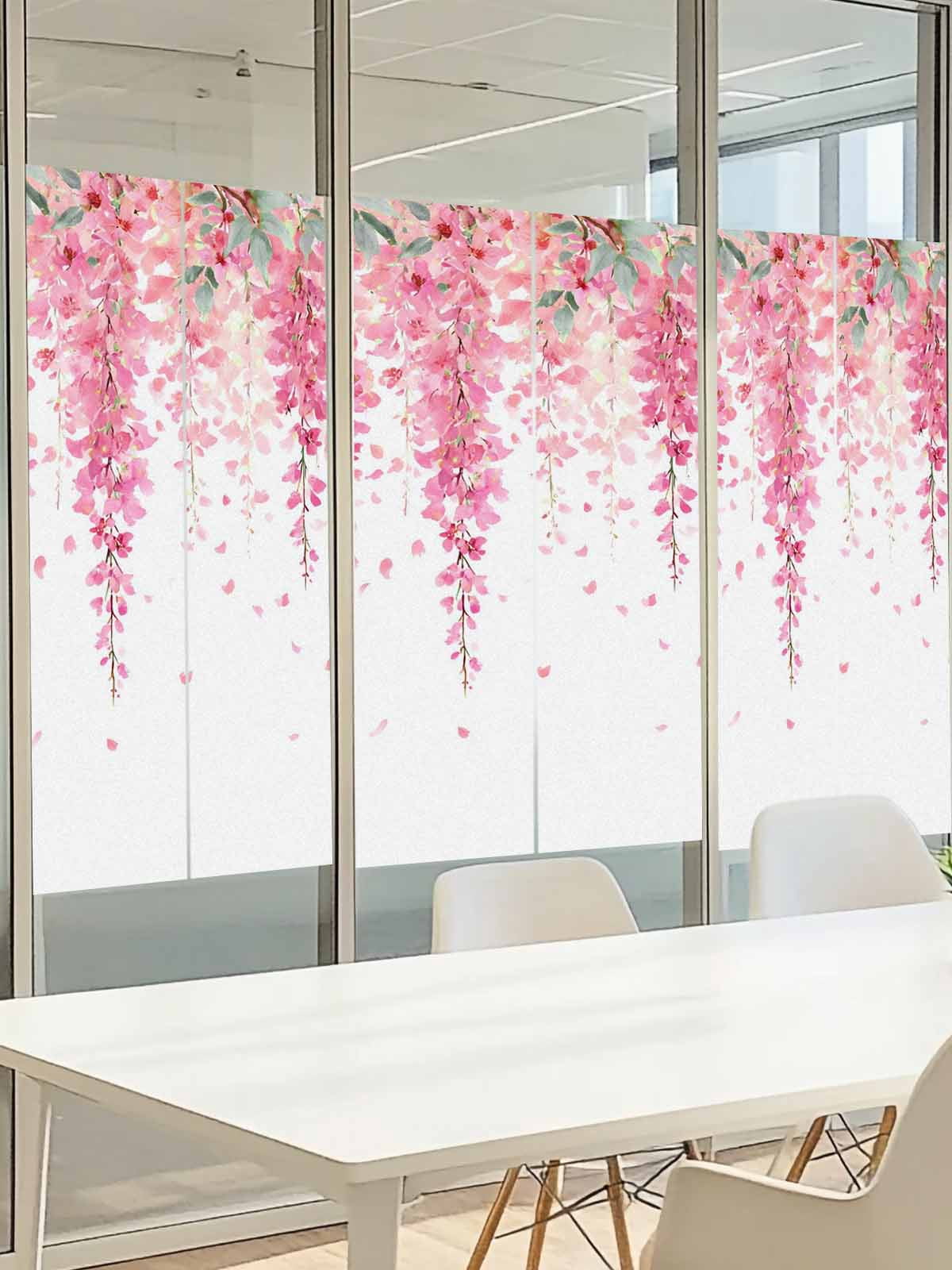 Spring Floral Window Privacy Film, Watercolor Pink Flowers Modern Rustic Farmhouse Frosted Glass Window Clings Static Cling UV Heat Blocking Reusable Door Sticker for Bathroom 23.6 x 59 Inch