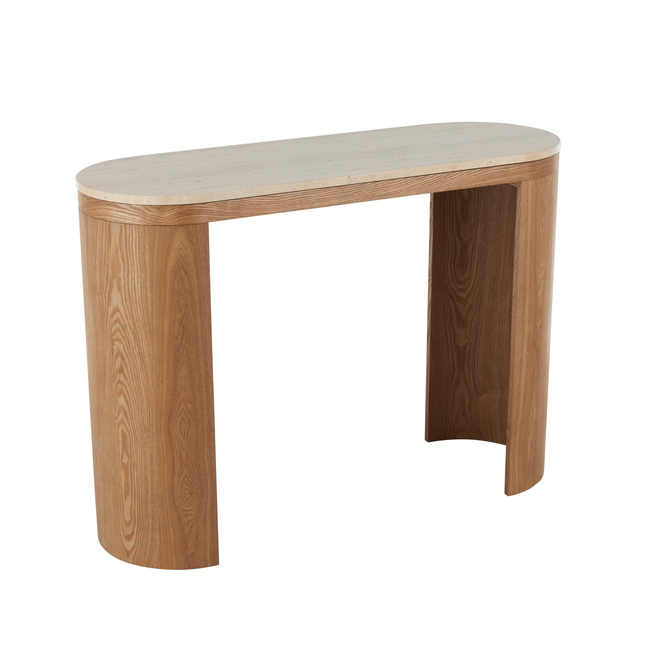 DecMode 44" x 32" Brown Wood Curved Crescent Console Table with Oval Beige Marble Tabletop, 1-Piece