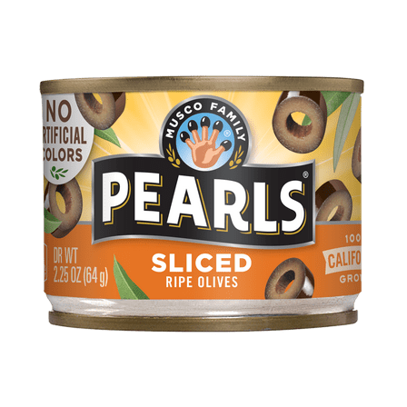 Pearls Sliced California Ripe Olives 2.25 oz. Can. Allergens Not Contained.