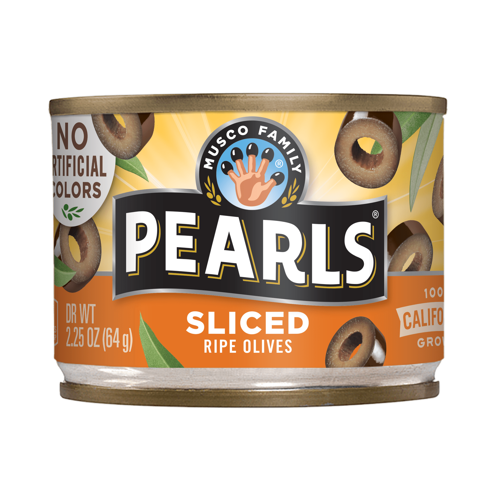 Pearls Sliced Black Ripe Olives 2.25 oz. Can. No Artificial Colors. No Major Allergens