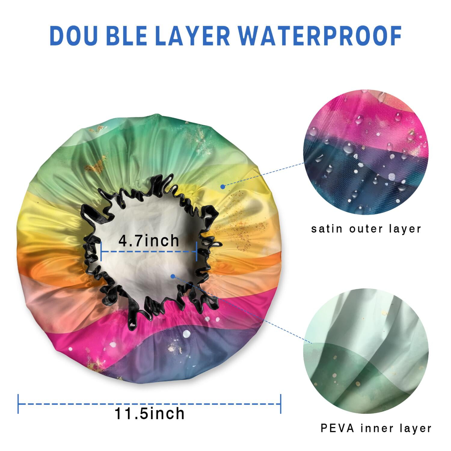 Shower Caps,Colorful Tie Dye Wave Pattern Waterproof Shower Cap for Women 4 Pieces,Double Reusable Hair Cover for Shower PEVA Elastic Stretch Hem