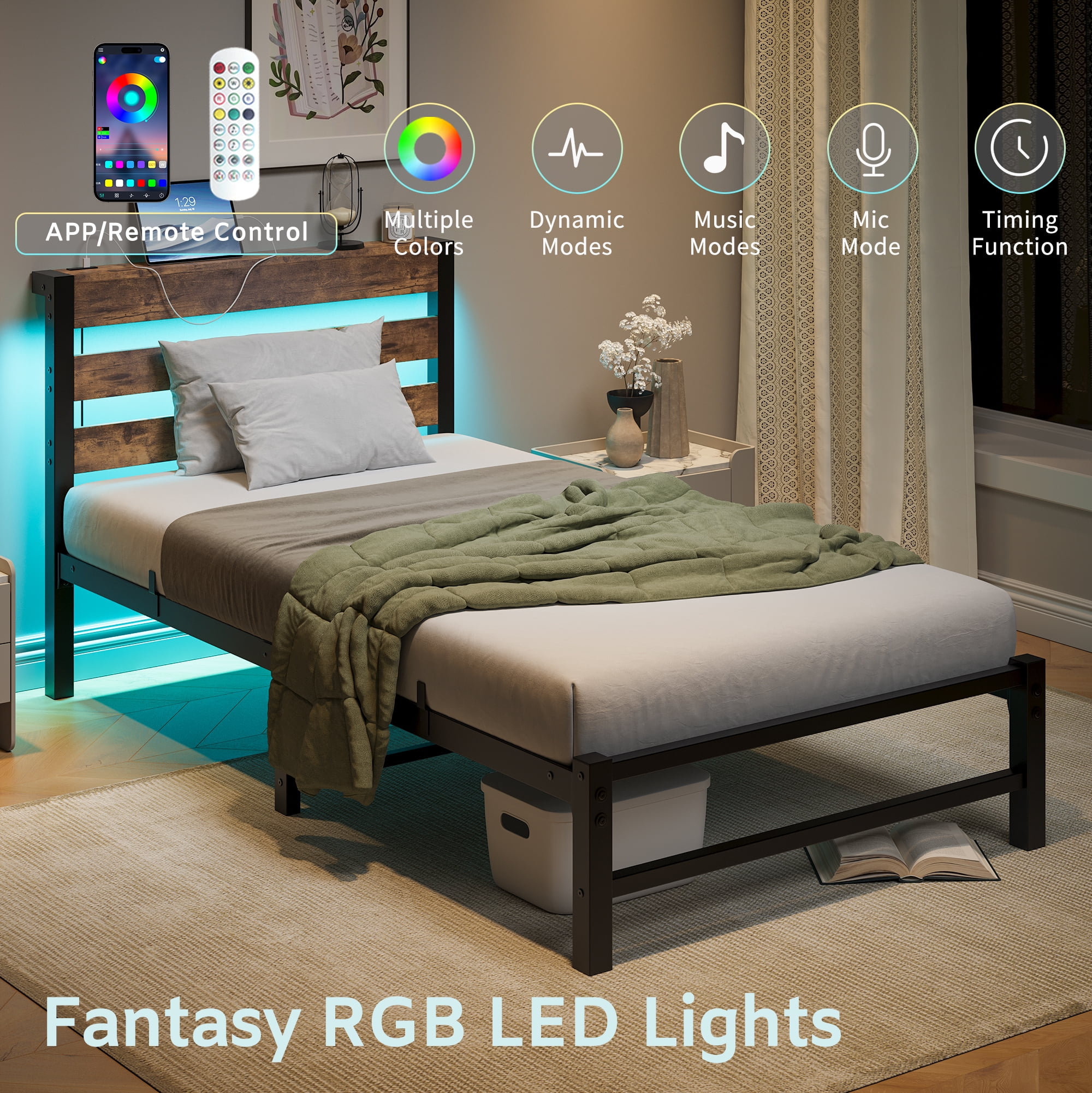 Yoneston Twin Size Bed Frame with LED Night Storage Headboard and USB Charging Station, 11" Black Duty Metal Platform Bed for Kids Childs Teens
