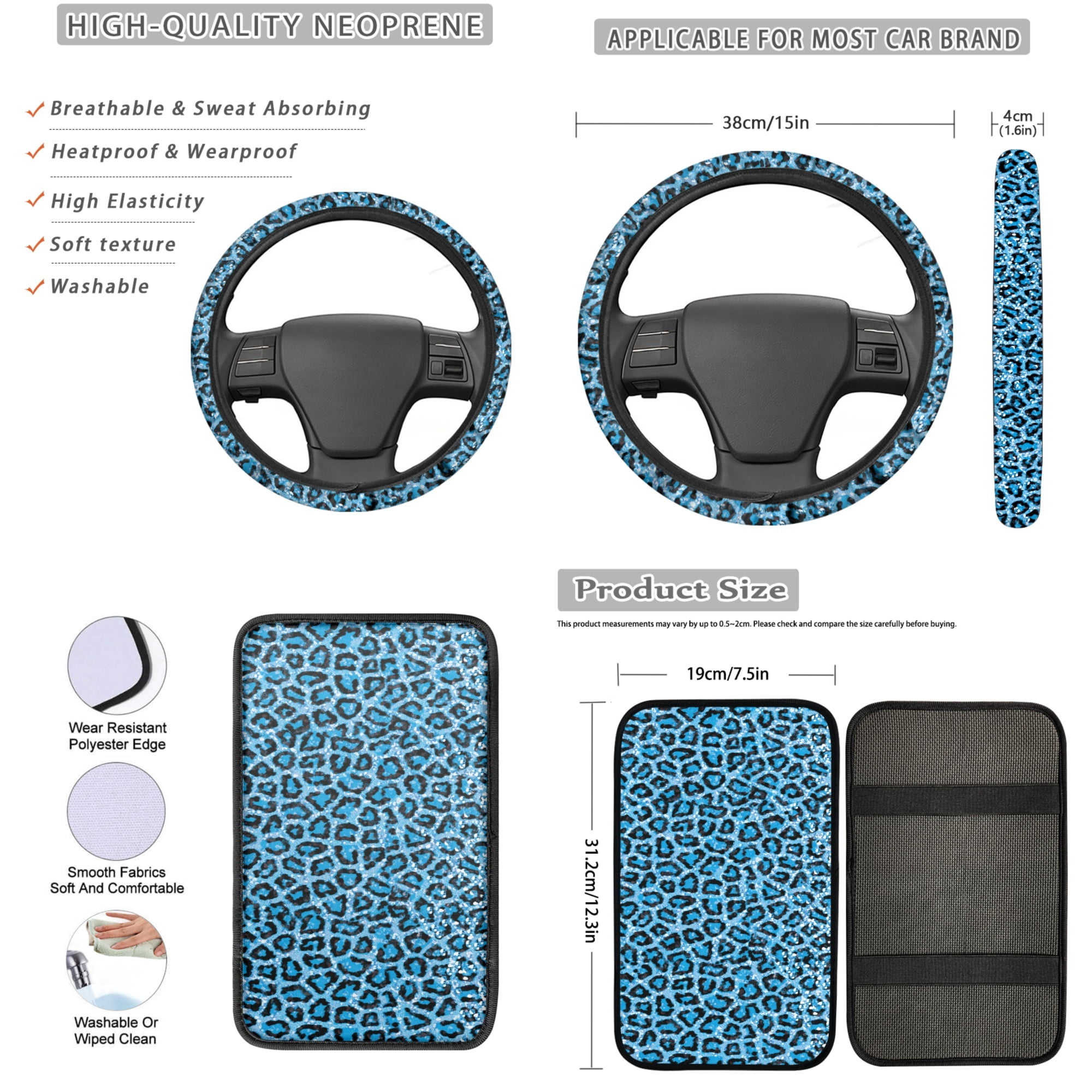 Jeiento Blue Leopard Print 13 PCS Car Seat Cover Full Set, Steering Wheel Seat Belt Center Console Cover Coaster Keychain Chapstick Holder Universal Fit for Most Vehicles