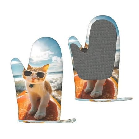 

Zeuib Surfing Cat Sun Print Oven Mitts Oven Gloves with Non-Slip Silicone Heat and Slip Resistant Cooking Mitt Set for Cooking and Baking (2 Count)