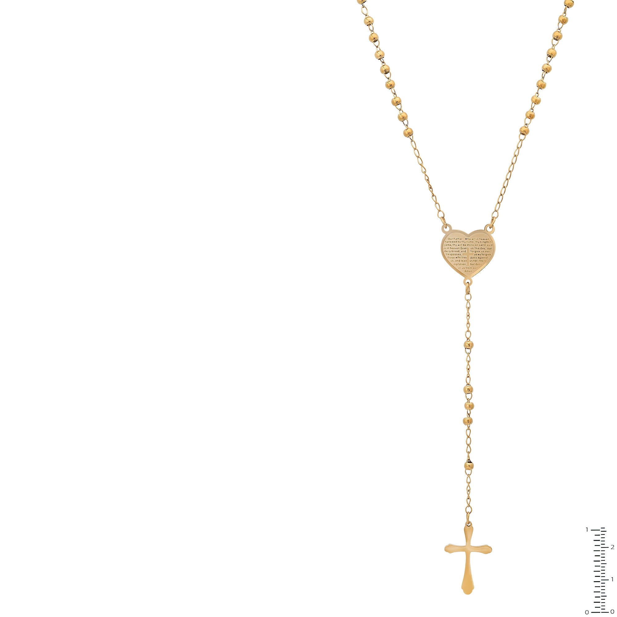 Stainless Steel 18K Gold Plated Beaded Rosary Heart and Cross Necklace