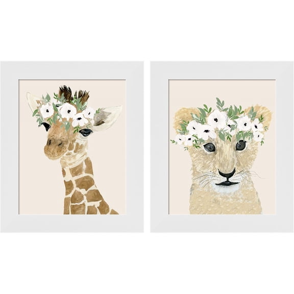 Great Art Now Little Giraffe & Lion by Lucille Price, 2 Piece Framed Art Set Each 10"W x 12"H
