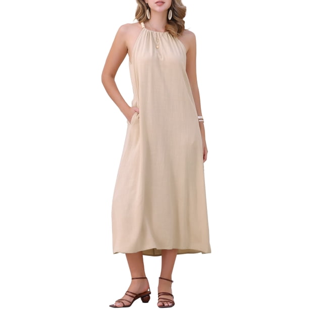 Vestidos midi de verano para mujer con cuello halter y cinturón en la cintura XL color albaricoque