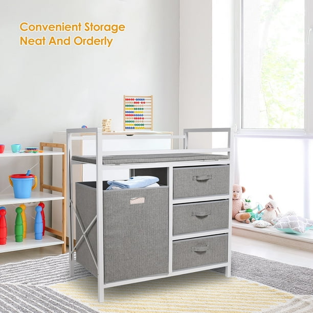 Baby Changing Table Dresser Nursery Storage Organizer Diaper Changing Station with Laundry Hamper and 3 Drawers