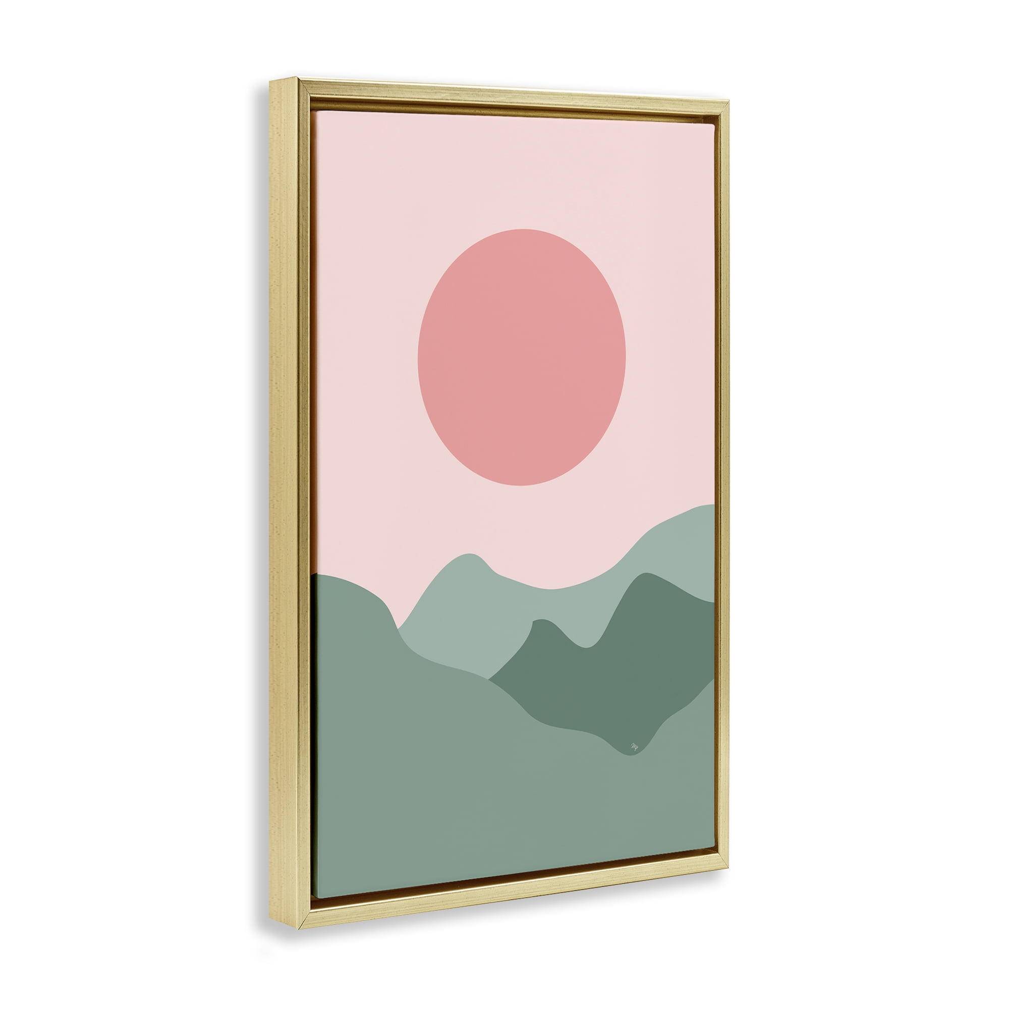 Stupell Industries Pink Sun Green Mountains Landscape & Nature Painting Gold Floater Framed Canvas Art Print Wall Art, 17 x 25