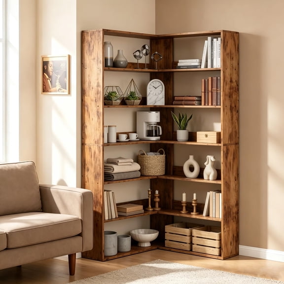 6-Tier Corner Bookshelf, Rustic Wood Corner Shelf Bookcase with Open Storage, L-Shaped Display Shelf
