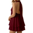 thumbnail image 3 of NinXxx Women‘s Halter Backless Chiffon Mini Dress Layered Ruffle Hem Wine L, 3 of 8