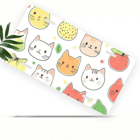 License Plate, Cat fruit Pattern Decorative Front,Personalized Stainless Steel License Plate Cover For Men Women,12.2" X 6.2"