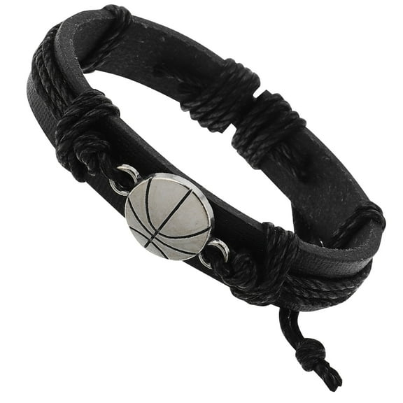 HOOWIFFY Women's Basketball Charm Bracelet Black PU Adjustable Sports Jewelry 1 Pack