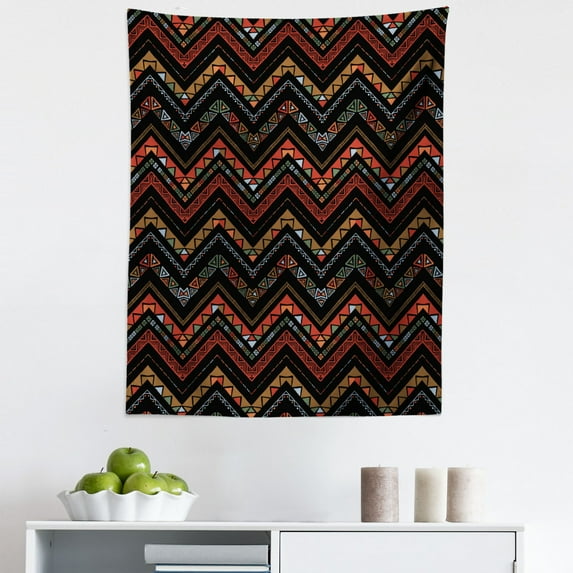 Aztec Tapestry, Ethnical Zigzag Chevron Print in Earthy Tones, Fabric Wall Hanging Decor for Bedroom Living Room Dorm, 5 Sizes, Charcoal Grey Vermilion, by Ambesonne