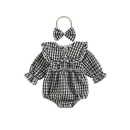 

Amuver 2Pcs Baby Girl Fall Outfit Plaid Doll Collar Long Sleeve Ruffle Romper + Hairband Set for Infants 0-18 Months