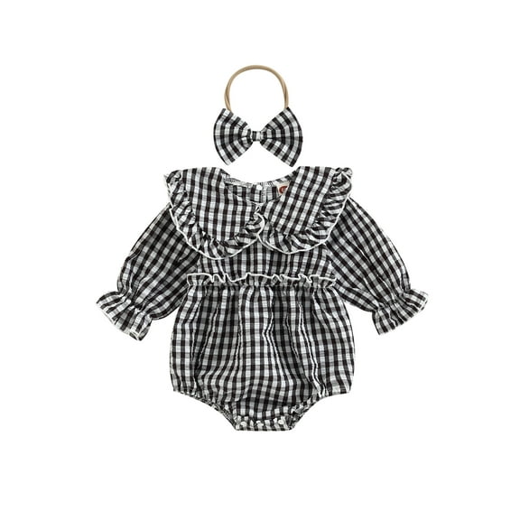 Wassery Baby Girls Summer Jumpsuits 2Pcs Set Doll Collar Long Sleeve Ruffle Plaid Panel Romper Princess Infants Bodysuit Bow Headband for Newborn 0-18 Months