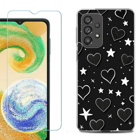 Shockproof Fashion Phone Case for Samsung Galaxy A23 5G, with Tempered Glass Screen Protector, by OneToughShield ® - Hearts n Stars